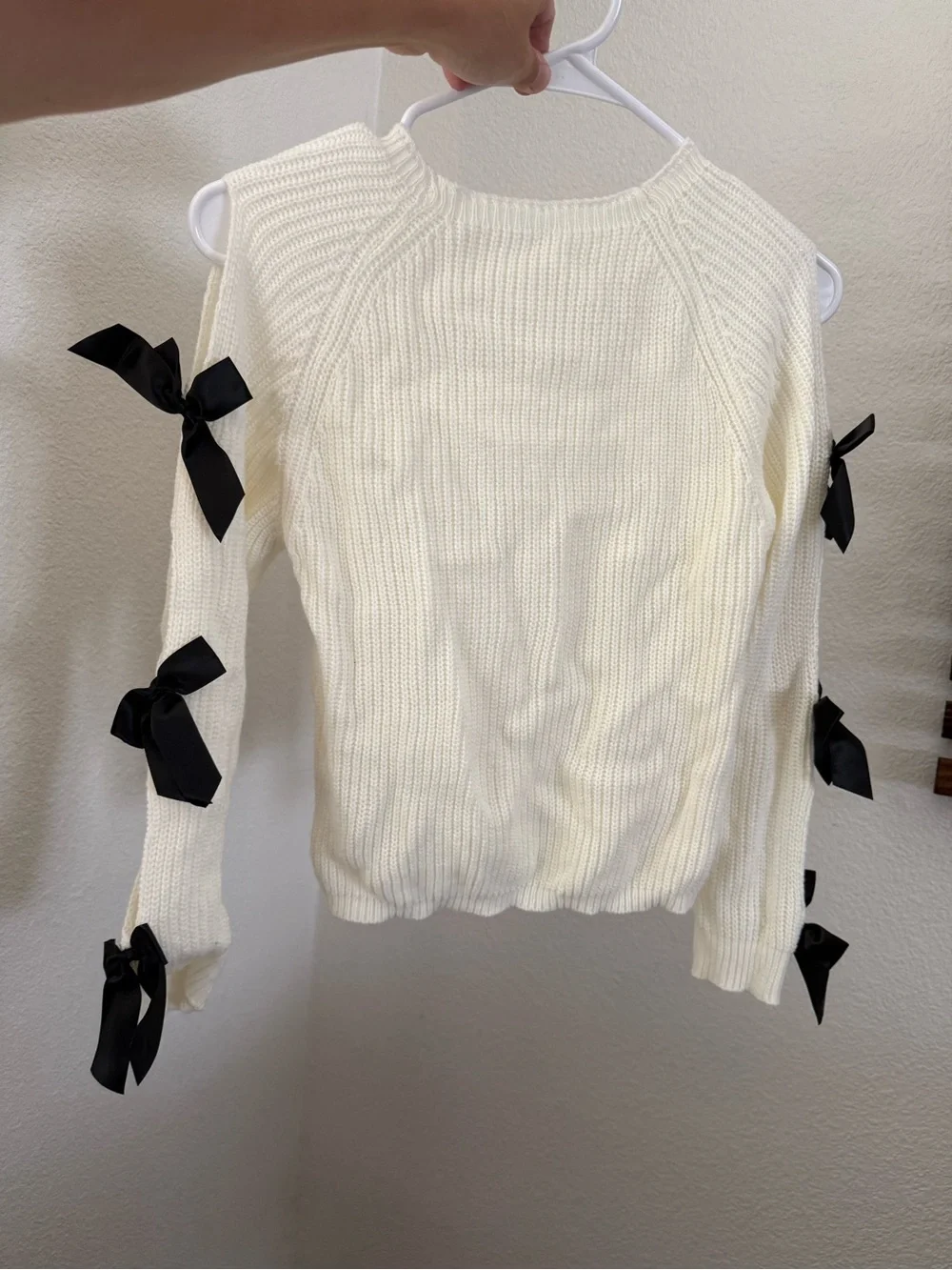 SHEIN Cream Ribbed Sweater with Black Ribbon Bow Sleeves